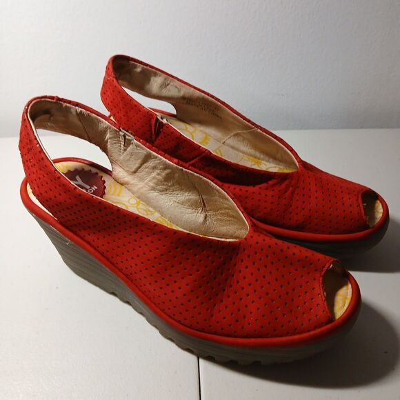 Fly London Women's Red Perforated Suede Leather Wedge Heels Sling Backs Size 37 - Picture 1 of 10